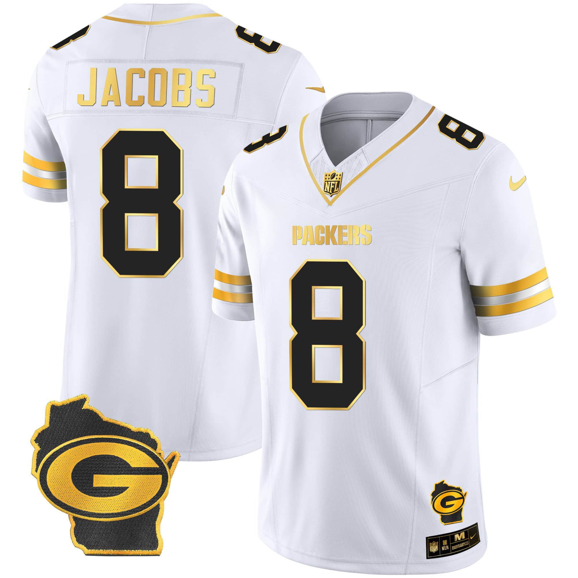 Men Green Bay Packers #8 Jacobs White Gold 2024 Nike Home Patch Vapor NFL Jersey->indianapolis colts->NFL Jersey